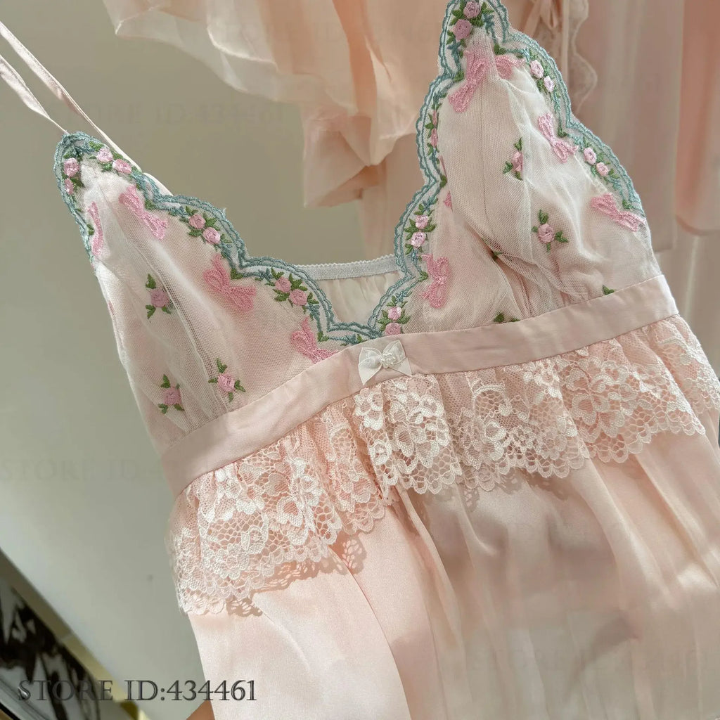 Sweet Pink Chemise Sleepwear Intimate Lingerie Summer Young Girl Homewear Strap Top&shorts Pijamas Suit Sexy Lace Loungewear