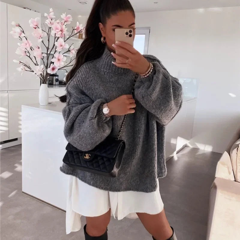 Commuter Fashion New Winter Sweater Solid Color Half High Collar Oversize Knit Pullover Loose Thick Sweater for Women Outfits