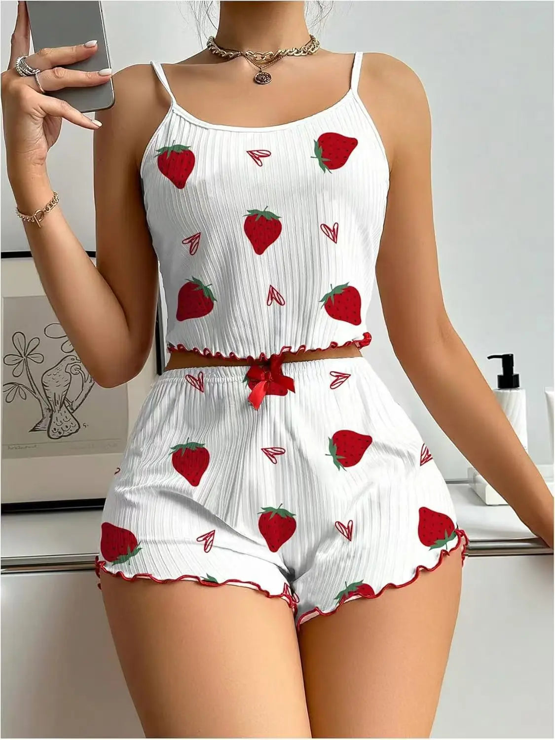 2pcs Women's Pajama Set Sexy Cute Kawaii Pajamas Women suspenders Sun-Tops Loungewear Set Shorts Y2K Lolita Heart Silk Sleepwear