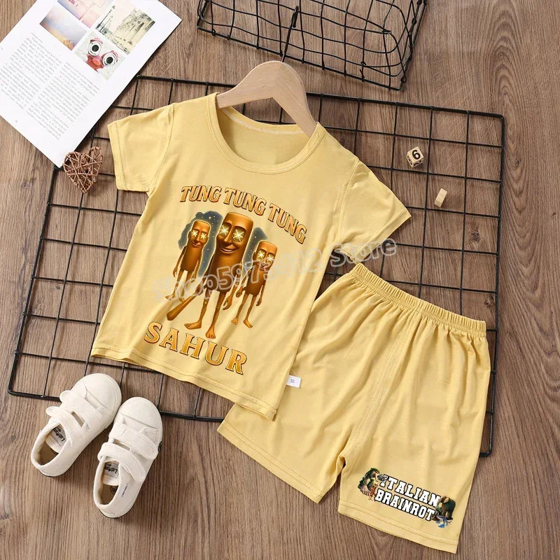 Italian Brainrot Pajama Sleepwear Child Funny Shark Tung Sahur Meme Cartoon Soft Pyjamas Set Nightgown Girl Boy Home Loungewear