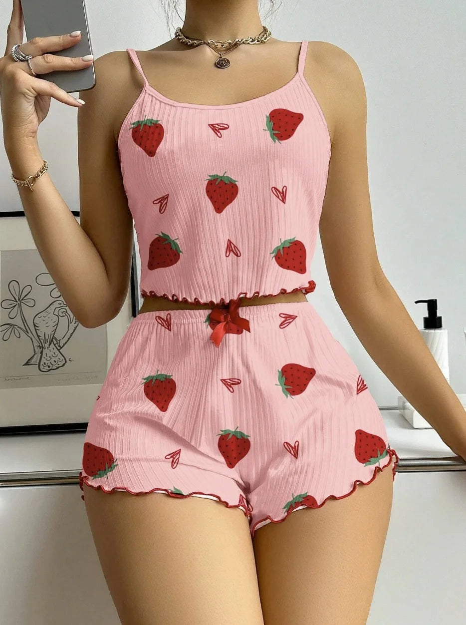 2pcs Women's Pajama Set Sexy Cute Kawaii Pajamas Women suspenders Sun-Tops Loungewear Set Shorts Y2K Lolita Heart Silk Sleepwear