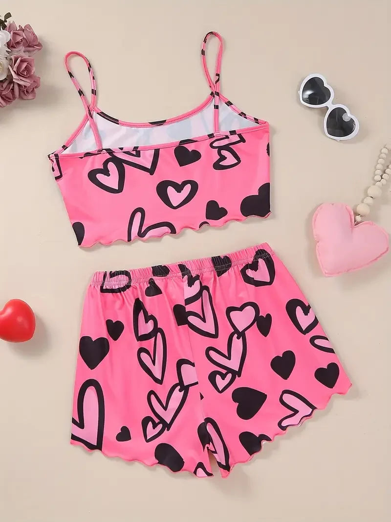 Summer Women's Sexy Pajamas Set Heart Print Sling Sleepwear V-Neck Pyjamas Sleeveless Cute Top and Shorts Loungewear