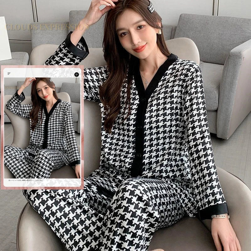Spring Summer Ladies Faux Silk Polyester Pajama Sets Sexy Homewear Women's Casual Luxury Pajamas Thin Pajamas Female Sleepwear
