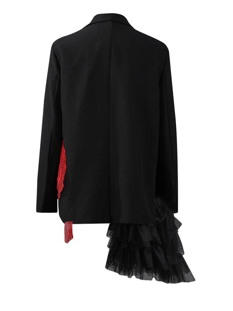 [EAM] Women Black Mesh Irregular Fish Spliced Big Size Blazer New Lapel Long Sleeve Jacket Fashion Spring Autumn 2026 CPG2902