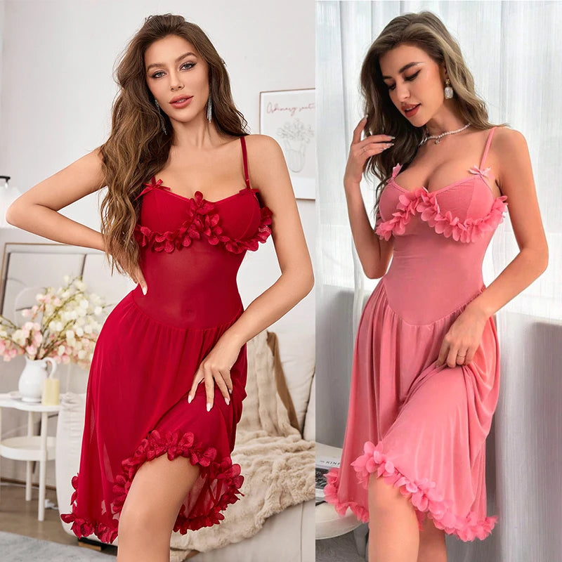 Sexy Nightgown Mesh Suspender Dress Translucent Women Pajamas Sleeveless Long Home Dress Romantic Floral Sleepwear Tulle Nightie