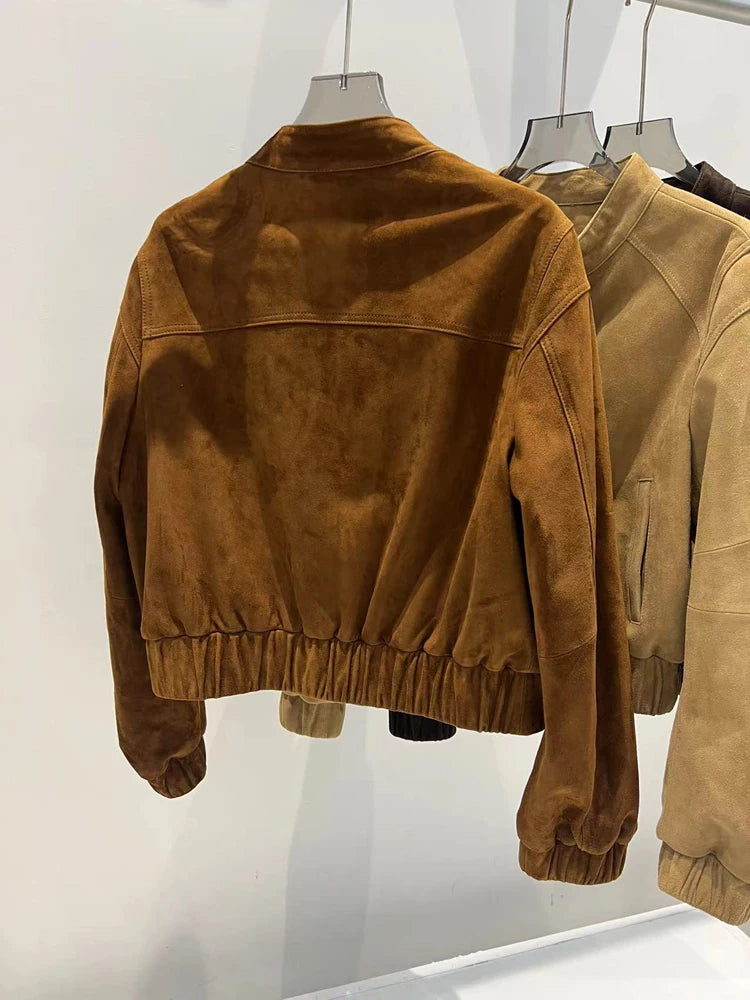 2026 Imported Goat Suede Jacket For Women Retro Standing Collar Versatile Slimming Elastic Waist  Leather Coat Chaquetas Bomber