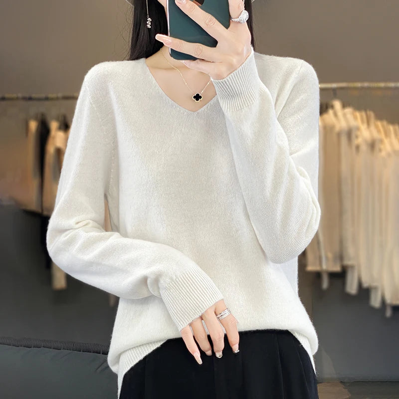 New Women's V-neck First-line Ready-To-Wear Sweater Long Sleeve Jumper Loose Fashion Comfortable Solid Color SweaterZD
