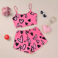 Summer Women's Sexy Pajamas Set Heart Print Sling Sleepwear V-Neck Pyjamas Sleeveless Cute Top and Shorts Loungewear