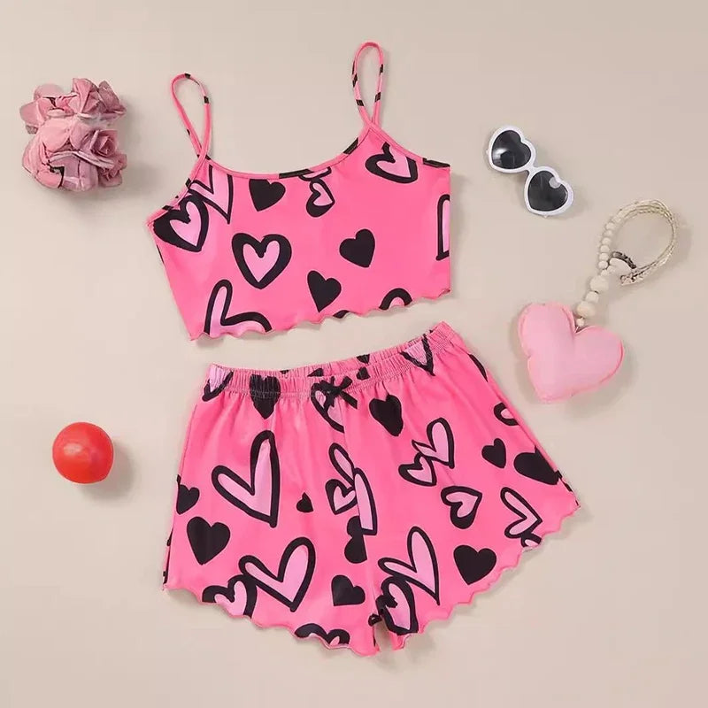 Summer Women's Sexy Pajamas Set Heart Print Sling Sleepwear V-Neck Pyjamas Sleeveless Cute Top and Shorts Loungewear