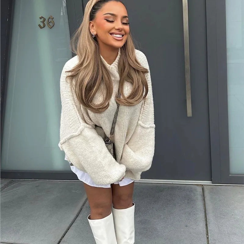 Commuter Fashion New Winter Sweater Solid Color Half High Collar Oversize Knit Pullover Loose Thick Sweater for Women Outfits