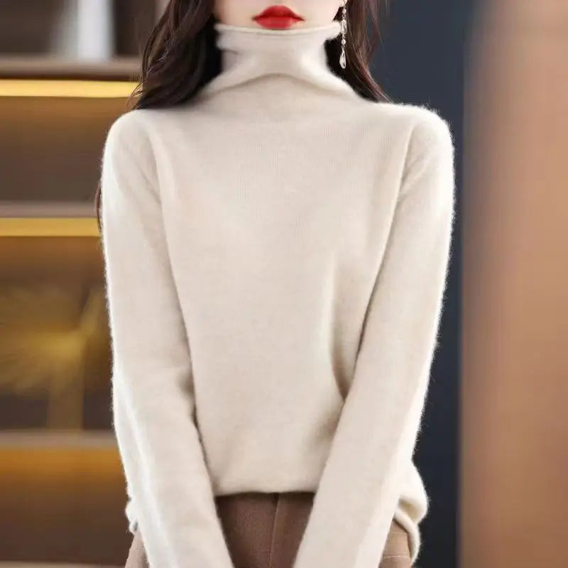 100% Wool Fold Neck Sweater Women's AutumnWinter High Neck Long Sleeved Solid Color Warm Pullover Sweater Knitted Jumper Top