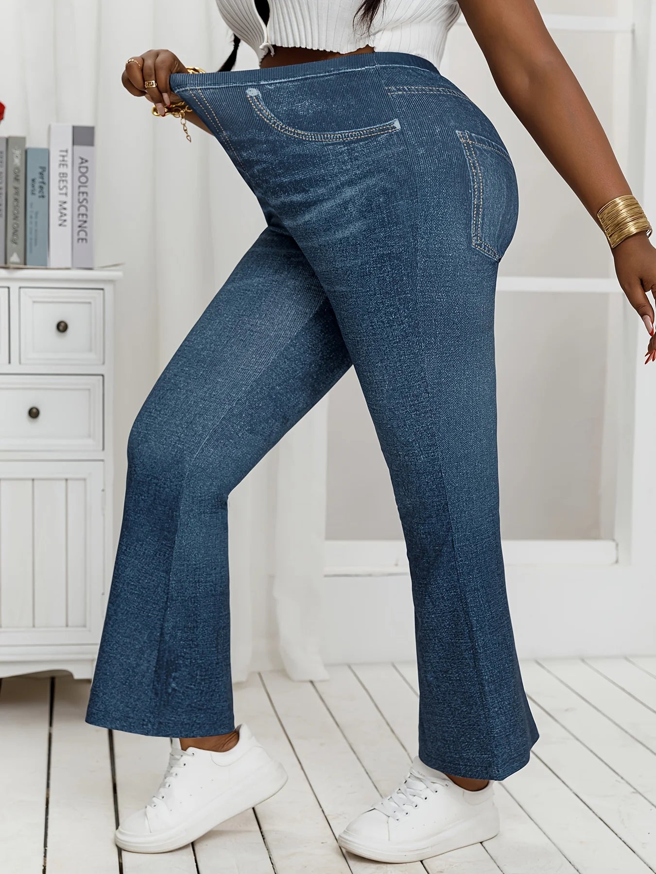 Plus Size Denim Print High-Stretch Flared Pants Loose Fit Comfortable Slimming Non-Jeans Fabric Women's Casual Trousers