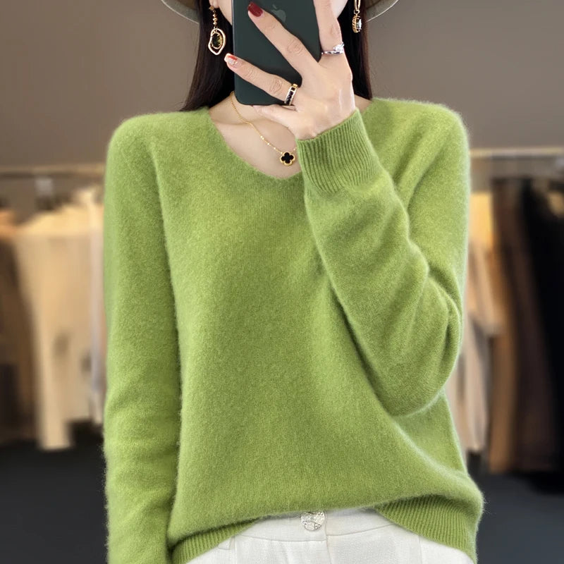 New Autumn And Winter Fashion First-Line Sweater 100% Pure Wool Women's V-Neck Pullover Knitted Base DMR201