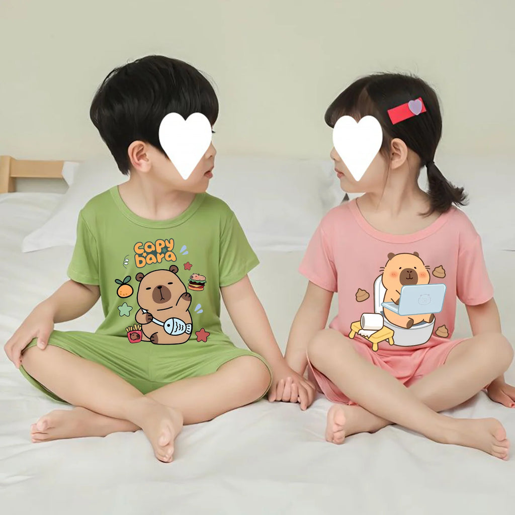 Capybara Cute Pajamas Suit Short Sleeve Sleepwear Cartoon Animal Print Soft Homewear Set Kawaii Silky Home Nightgown Summer Gift