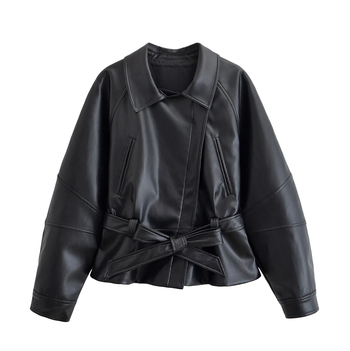 HH Women Fashion Black Short Faux Leather Trench Coat Long Sleeve Lapel Jacket With Belt Vintage Lady Motorcycle Jacket Outwear