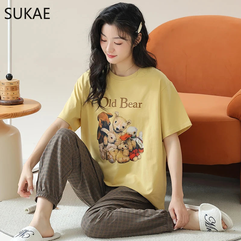 SUKAE Cute Animals Short Sleeves Full Pants Cartoon Sleepwear Women Summer Leisure Pajamas Nightwear Faux Cotton Girls Nightwear