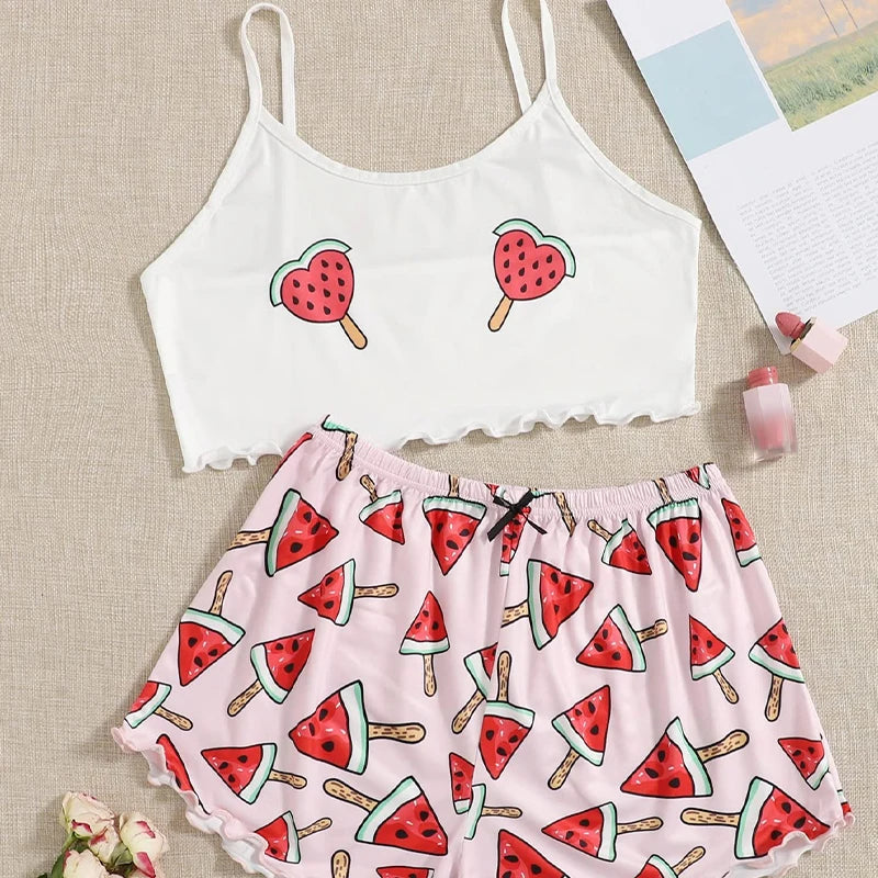 Summer New Comfortable Two-Piece Milk Silk Pink Printed Watermelon Suspender Sexy Women's Home Sleepwear Set