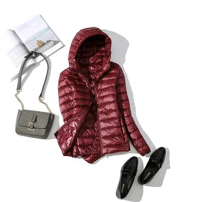 Women's Fashion Hooded Short Puffer Jackets 2025 New Spring Winter 90% White Duck Down Lightweight Packable female Warm Parka