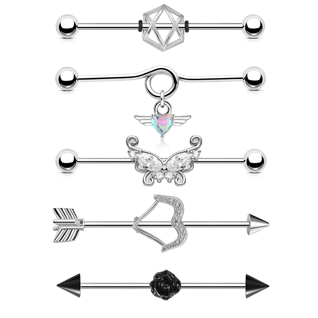 1 Pcs Stainless Steel Bow Butterfly Pendant Female Punk Industrial Barbell Cartilage Earring Tragus Long Spiral Piercing Jewelry