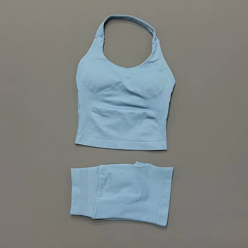 2 Pcs HISTELLO Halter Top Strappy Bra Shorts Set Women Yoga Workout Clothes Seamless Vest Hip-Lifting Sports Leggings Gym Suit