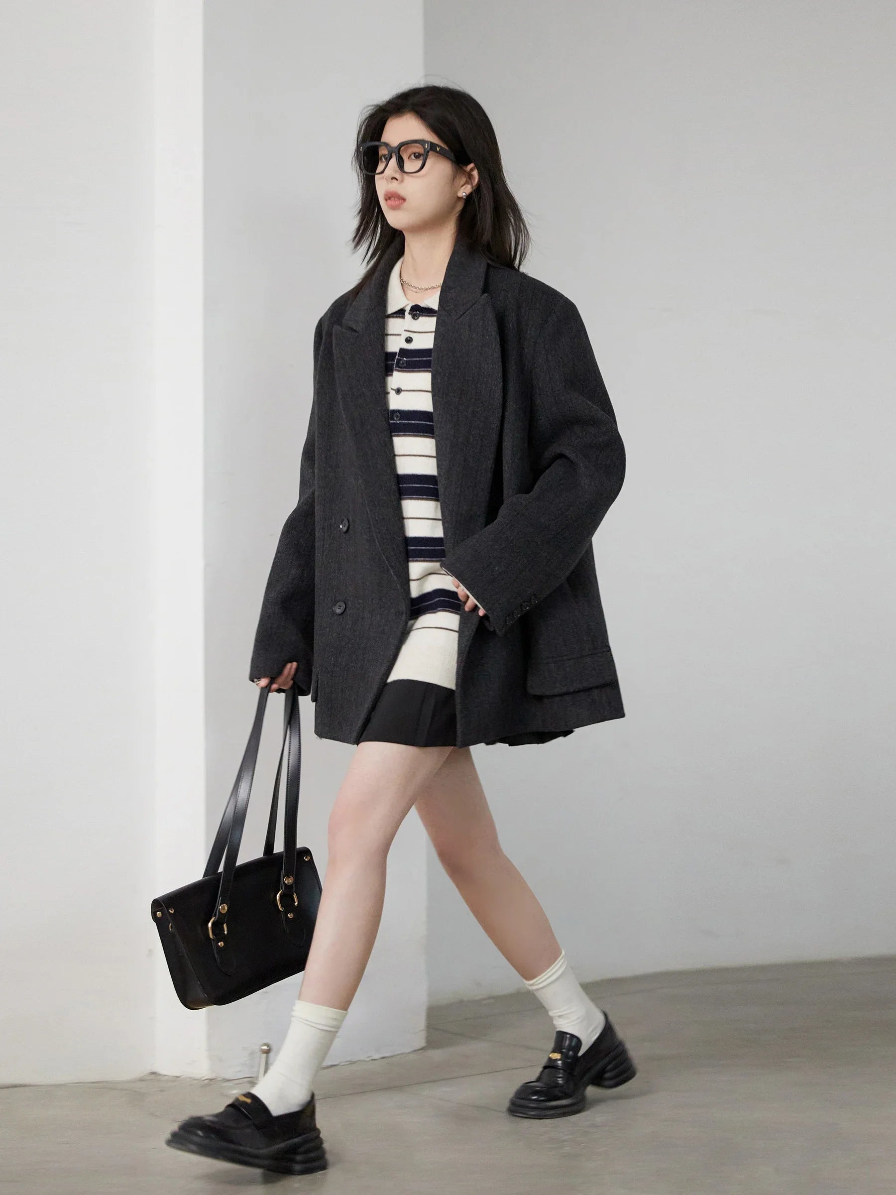 CHIC VEN Women Woolen Blazer Loose Vintage V Neck Female Jacket Suit Double Breasted Office Ladies Coat Spring Autumn 2025