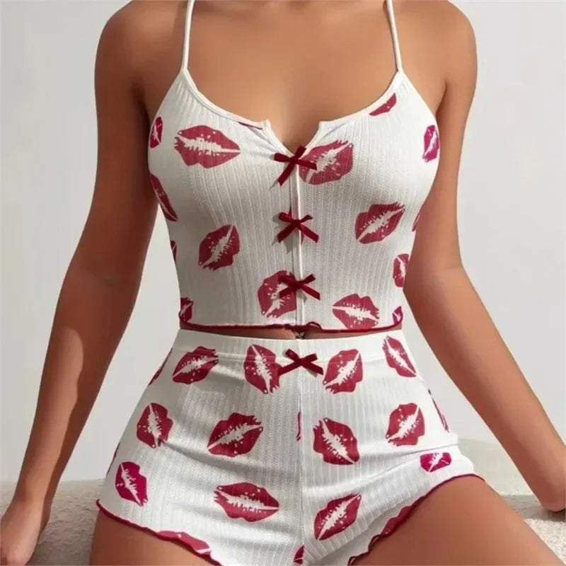 New Hot Sale Of The Season Heart Pattern Color Block Sleepwear Set with Slit in Front Strap Women's Vest Tops Non-Estitched Exte
