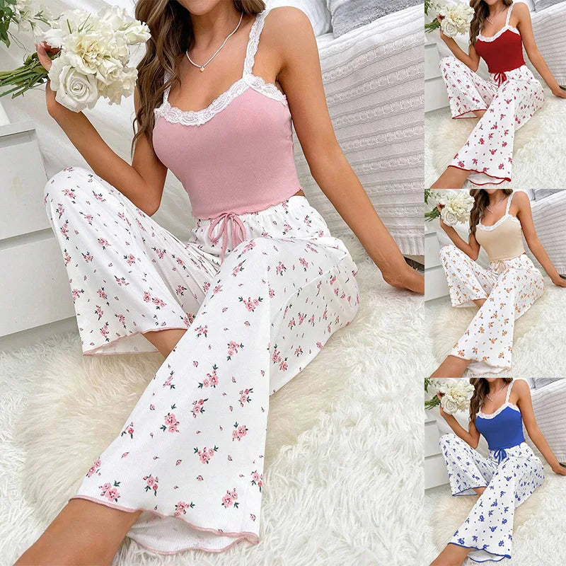 Pajamas 2 Piece Sets Women Camisole Pants Summer Lace Sleeveless Flower Print Sling Top Trousers Sleepwear Cute Nightwear Suit