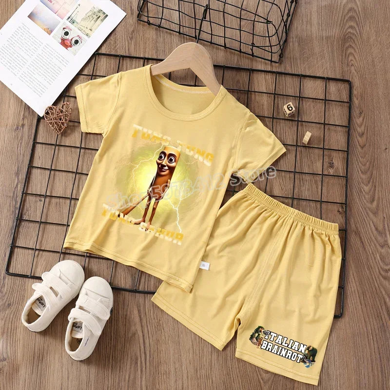 Italian Brainrot Pajama Sleepwear Child Funny Shark Tung Sahur Meme Cartoon Soft Pyjamas Set Nightgown Girl Boy Home Loungewear