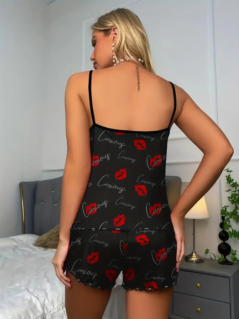Red Lip Print Pajama Set For Women Sleepwear Scoop Neck Cami Top & Elastic Waistband Shorts Sets Summer Loungewear