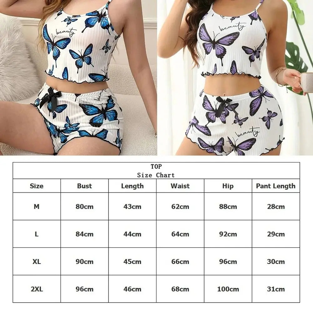 New Butterfly Print Women's Pajama Set Sexy Breathable Sling Pajamas Polyester Two-Piece Set Home Clothes Relaxation Wear