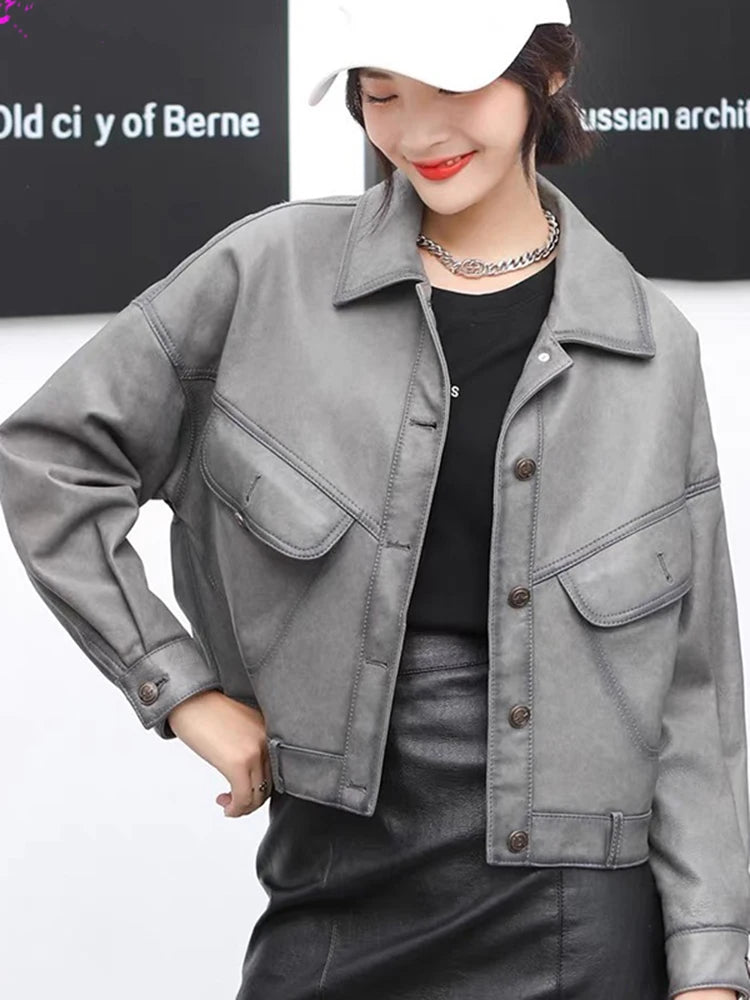 Khaki Genuine Leather Jacket Winter Coat Women Sheepskin Short Casual All-match Show Thin Locomotive Small Chaqueta Jassen Dames