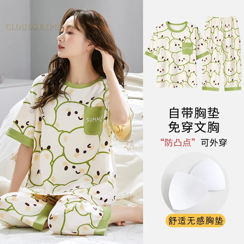 Summer Nightwear Pj Young Womens Pajama Sets Bust-Padded Pyjamas Femme Cartoon Sleepwear Female Loungewear Pijama Mujer Homewear
