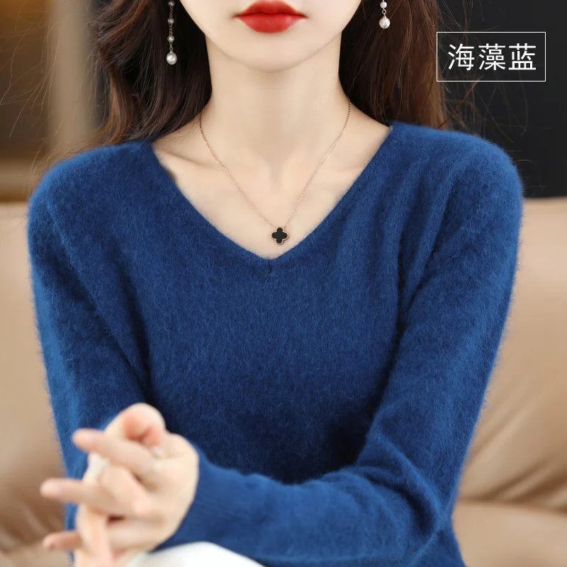 Autumn and Winter New Women's Sweater 100% Mink Cashmere Women's V-neck Pullover Casual Knitting Basic Fashion Large Top