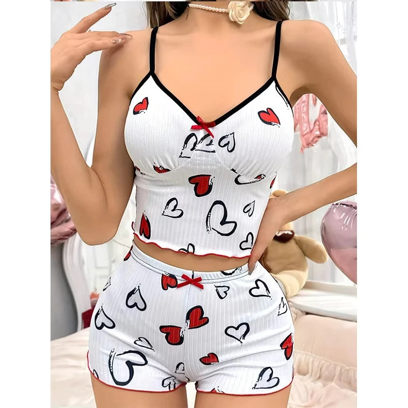 2026 New Women's Pajamas Summer Soft and Comfortable Heart Printed Home Clothes Two Piece Set Sexy Strap Pajama Set Hot Selling