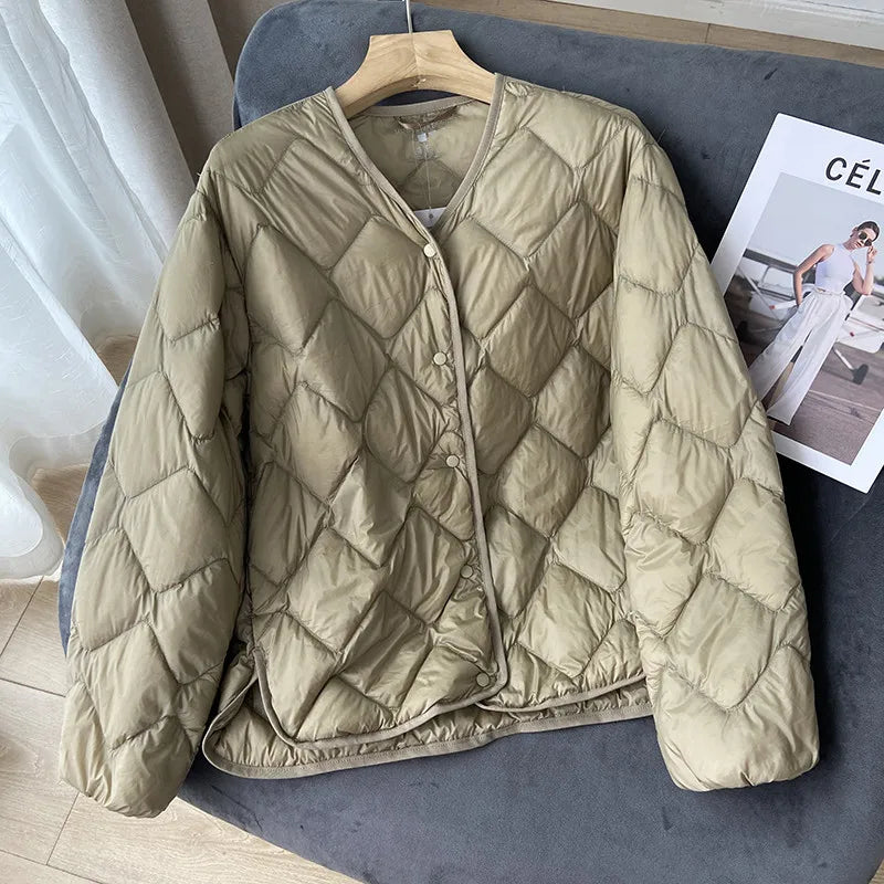 Janveny 2025 New Autumn Winter Ultra Light Collarless Soft Puffer Jacket Women Casual Loose Single Breasted 90% Duck Down Coat