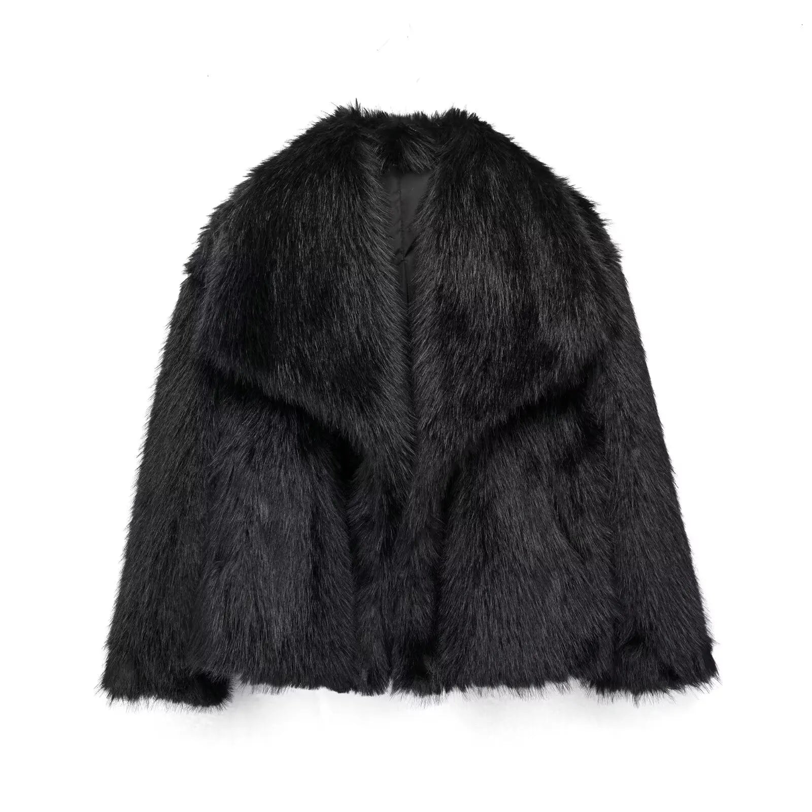 HH Women Fashion Cropped Faux Fur Jacket Coat Long Sleeve Front Snap-button Female Outerwear Chic Lapel Collar Thick Coat