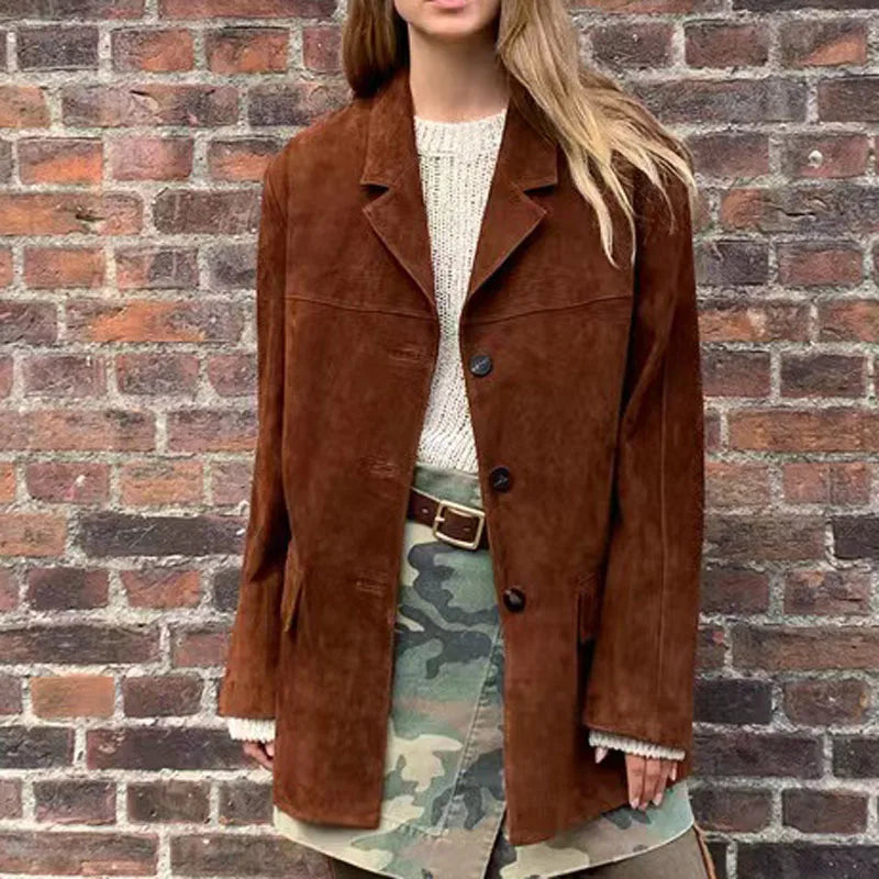 Vintage Brown Kid Suede Jacket for Women 2026 New High Sense Loose Oversized Leather Suit Blazer Female Casual Coat Streetwear