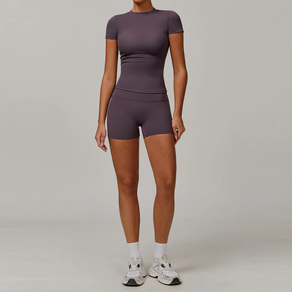 Women  Yoga Set 2PCS Workout Set Sportswear Gym Clothing Fitness Long Sleeve High Waist Leggings Cycling Shorts Sports Suits