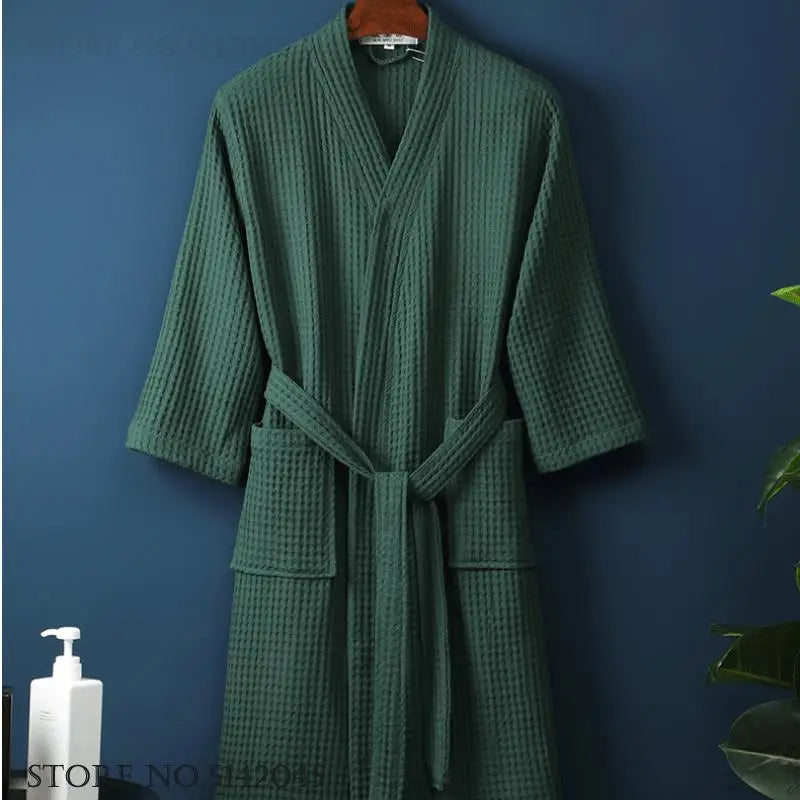 Adult Cotton Waffle Kimono Bathrobe Gown Yukata Couple Robe Negligee with Pocket Loose Casual Home Dress Loungewear Sleepwear