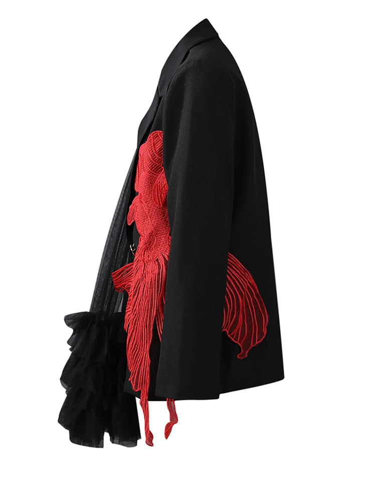 [EAM] Women Black Mesh Irregular Fish Spliced Big Size Blazer New Lapel Long Sleeve Jacket Fashion Spring Autumn 2026 CPG2902