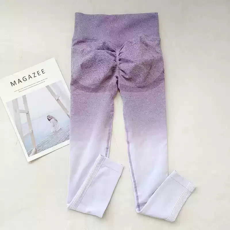 Sexy Butt Enhancing Gradient Color Tight Fitness Running Yoga Pants Quick Dry Slimming Nine-Tenths Length Breathable Nylon