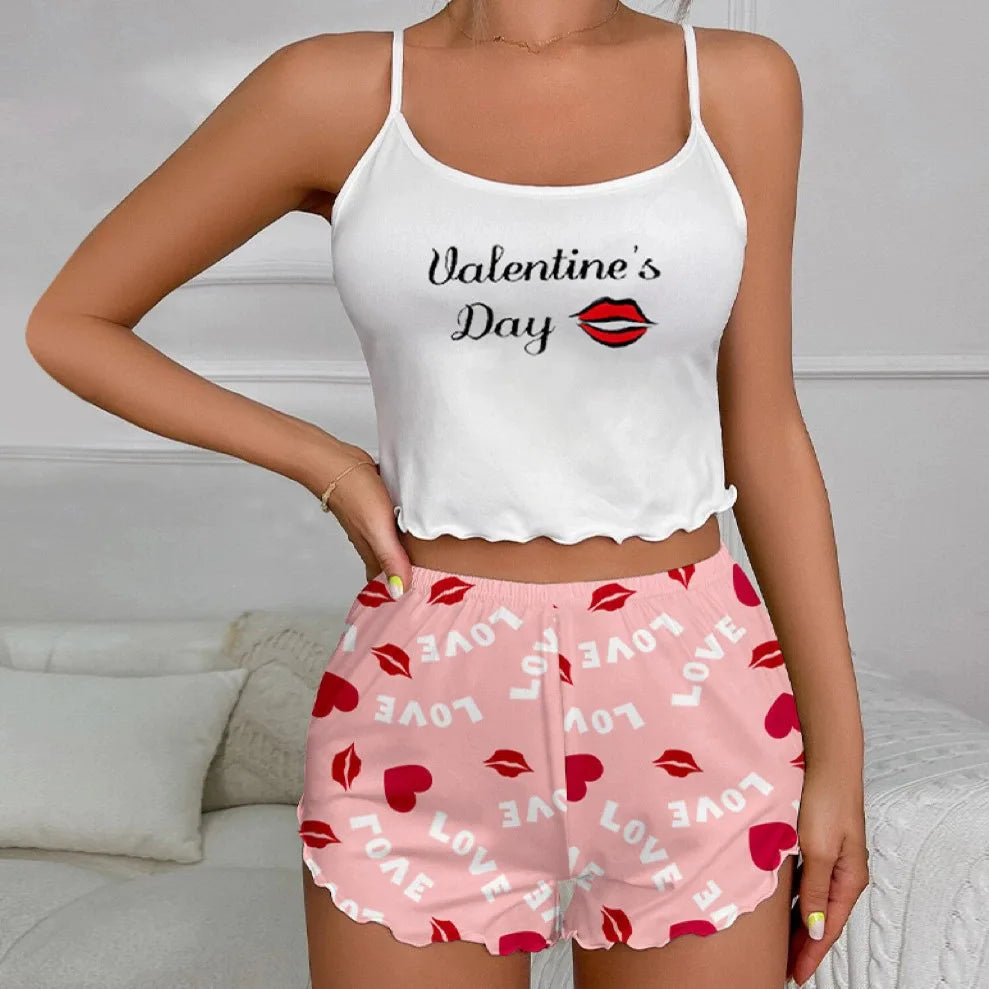 Summer Women's Milk Silk Printed Crown & Flamingo Shorts  Tank Top Two-Piece Set Casual Loungewear Homewear Sleepwear