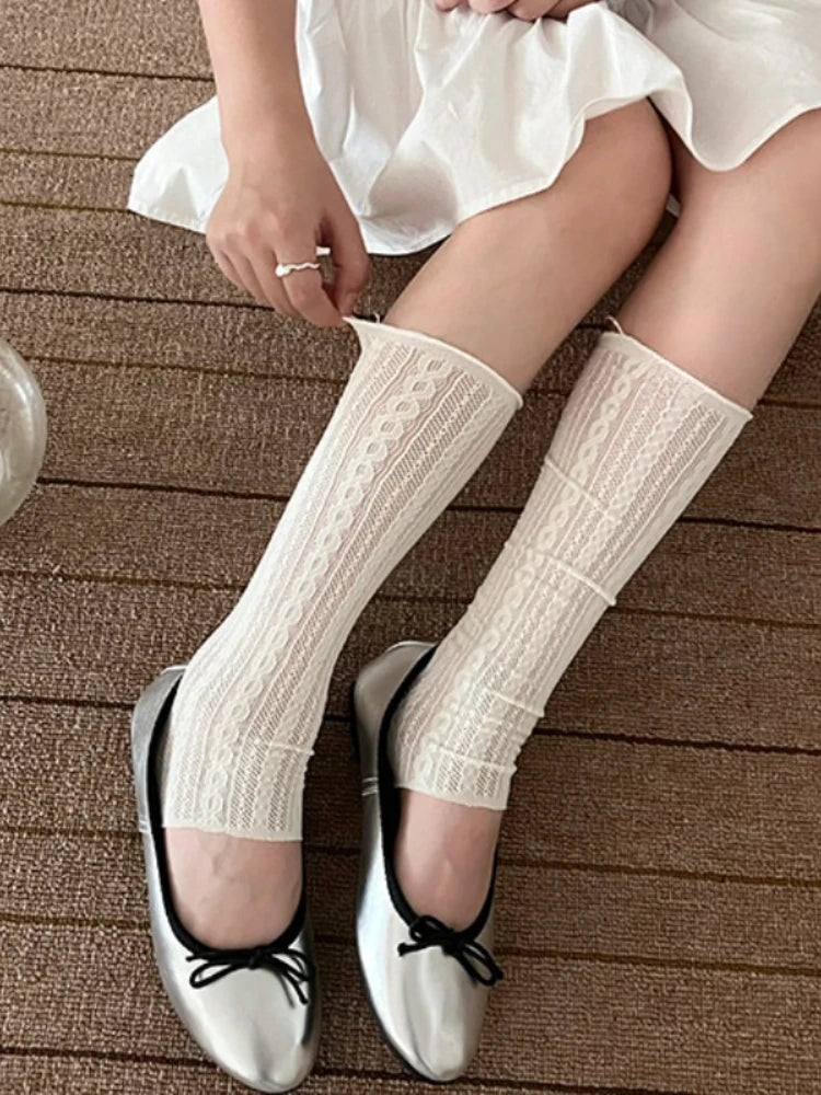 Ballet Stamped Foot Pile-up Leg Covers Women Summer Thin Twisted Mesh Breathable Ruffle Leg Warmers Paired with Knee-High Boots