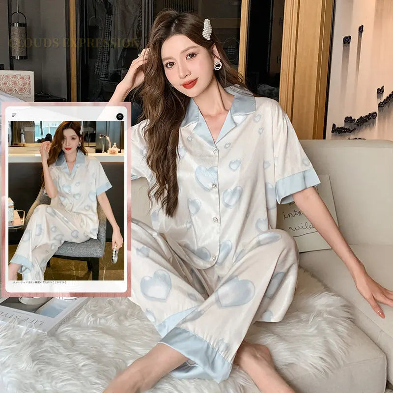 Spring Summer Ladies Faux Silk Polyester Pajama Sets Sexy Homewear Women's Casual Luxury Pajamas Thin Pajamas Female Sleepwear
