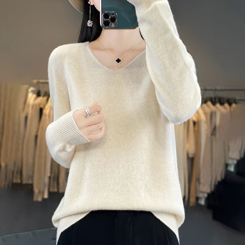 New Women's V-neck First-line Ready-To-Wear Sweater Long Sleeve Jumper Loose Fashion Comfortable Solid Color SweaterZD