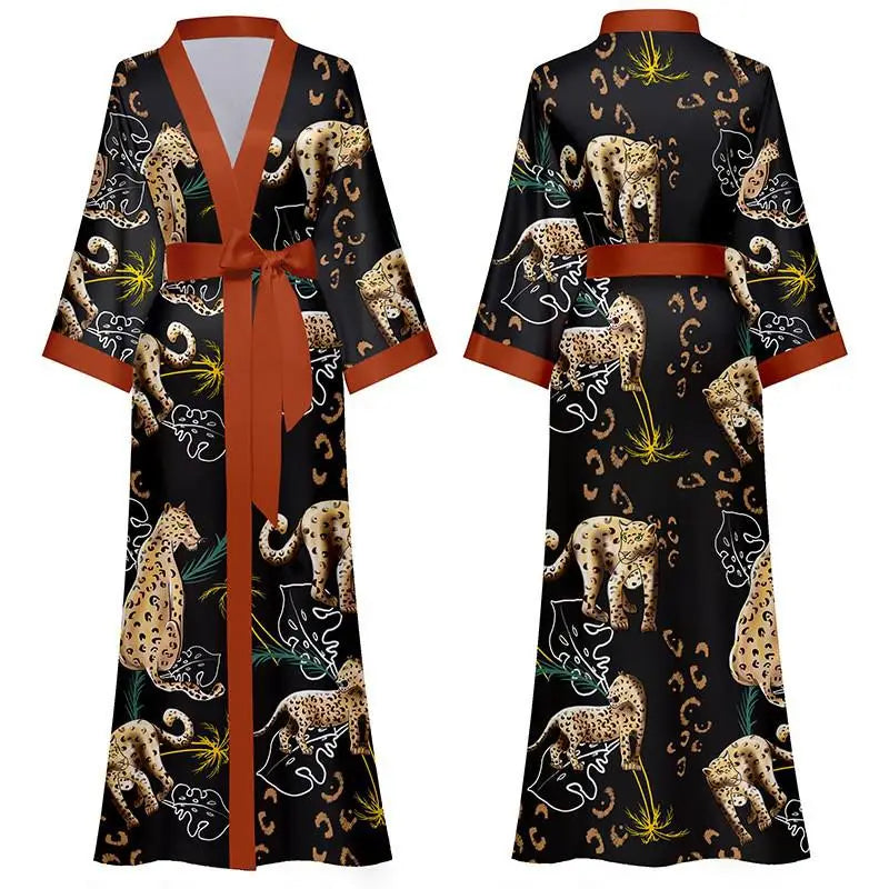 New Spring Summer Women Long Robe Kimono Bathrobe Gown Sexy Black Print Sleepwear Nightgown Casual Half Sleeve Satin Home Dress