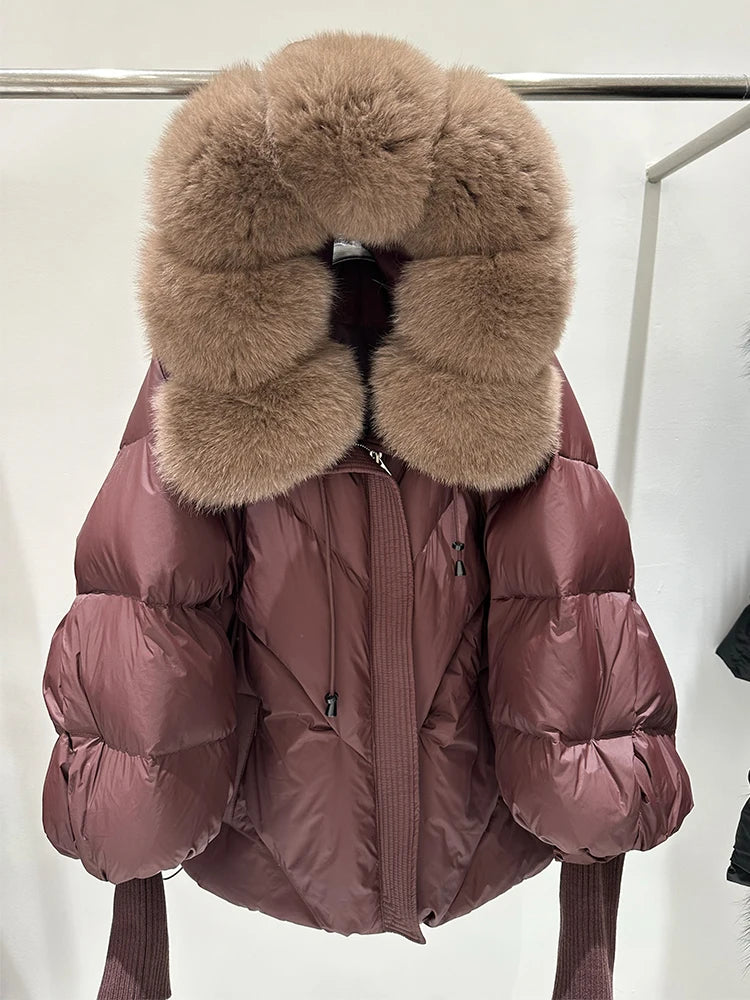 Lagabogy 2025 New Winter Large Real Fur Hooded Puffer Jacket Women White Duck Down Mid Long Parka Thick Warm Knitted Sleeve Coat