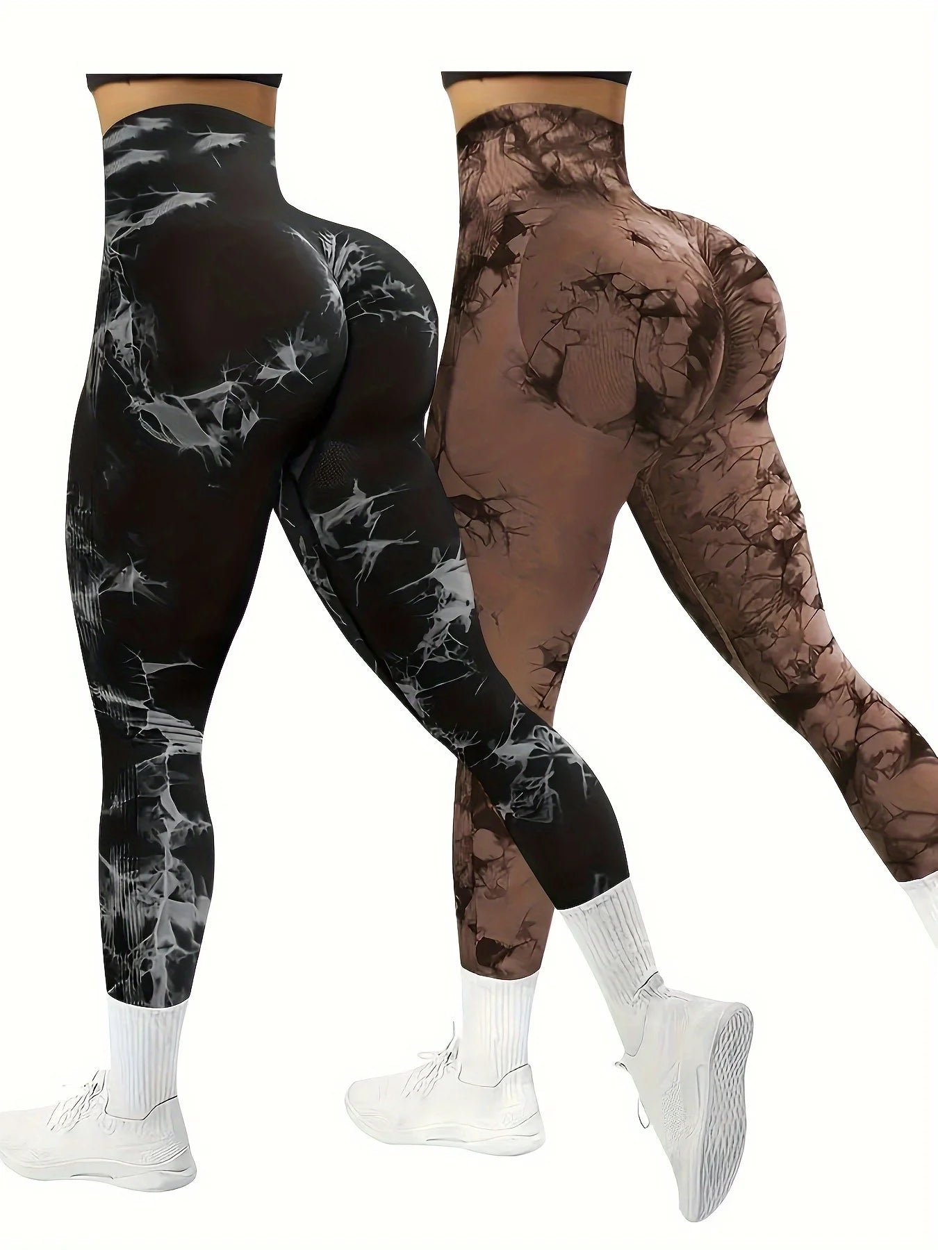 CZGUKE 2-PCS tie dye seamless women's high waisted yoga pants tight waist and hip lifting elastic wide waist sports leggings