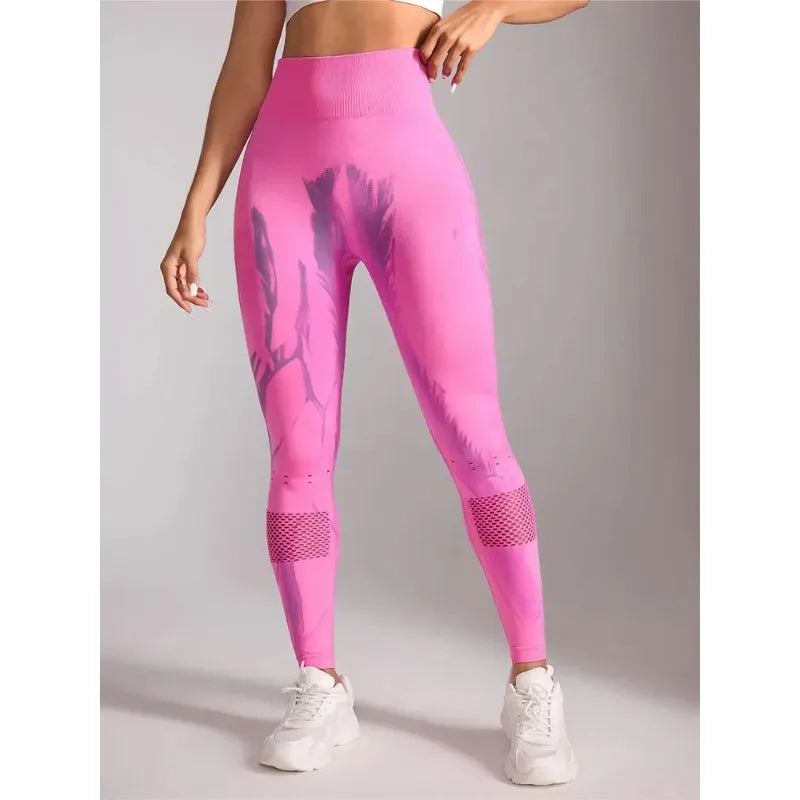 Women Stretchy Yoga Pants Gym Tie-Dye Leggings for Women Seamless High-Waisted Hollow Out Tight-Fitting Workout Leggings
