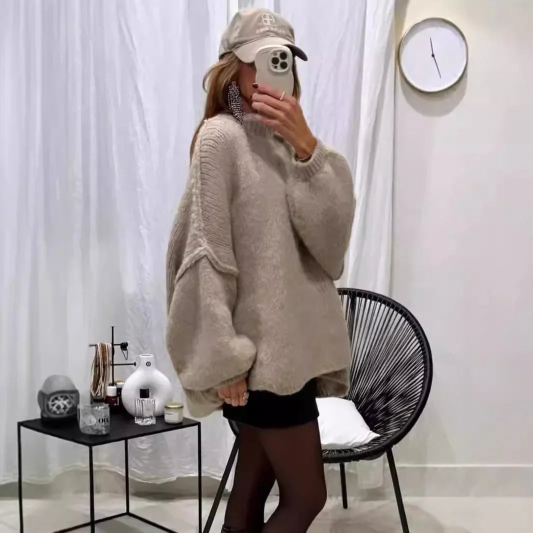 Commuter Fashion New Winter Sweater Solid Color Half High Collar Oversize Knit Pullover Loose Thick Sweater for Women Outfits